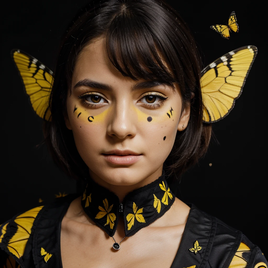 a yellow butterfly with black spots, wings open professional portrait photography