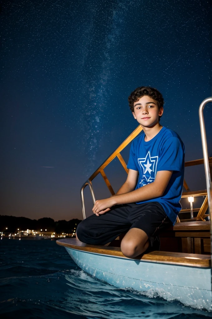 Young Jewish boy on a boat at night with the stars in the sky