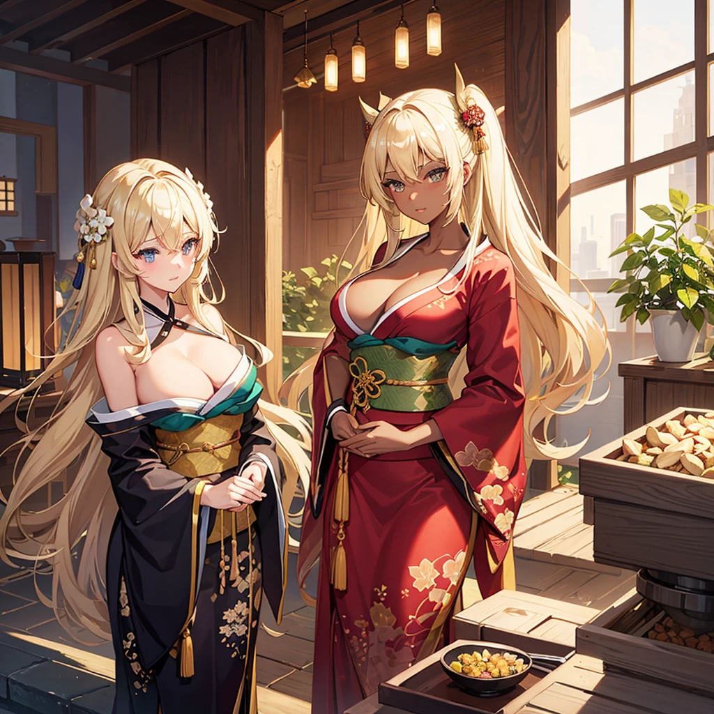 Blonde hair, golden eyes, dark Skinned beautiful, busty, woman wearing a Kimono.