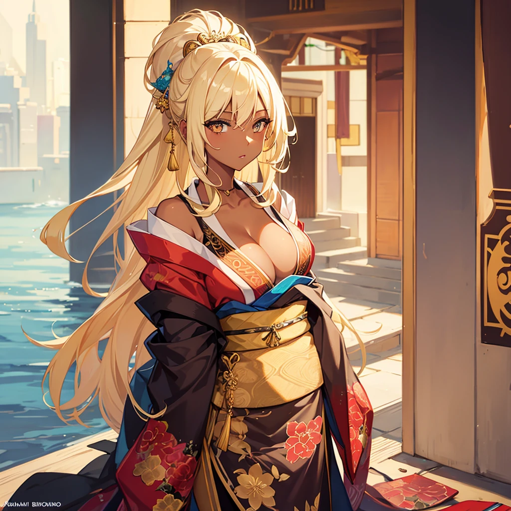 Blonde hair, golden eyes, dark Skinned beautiful, busty, woman wearing a Kimono. 