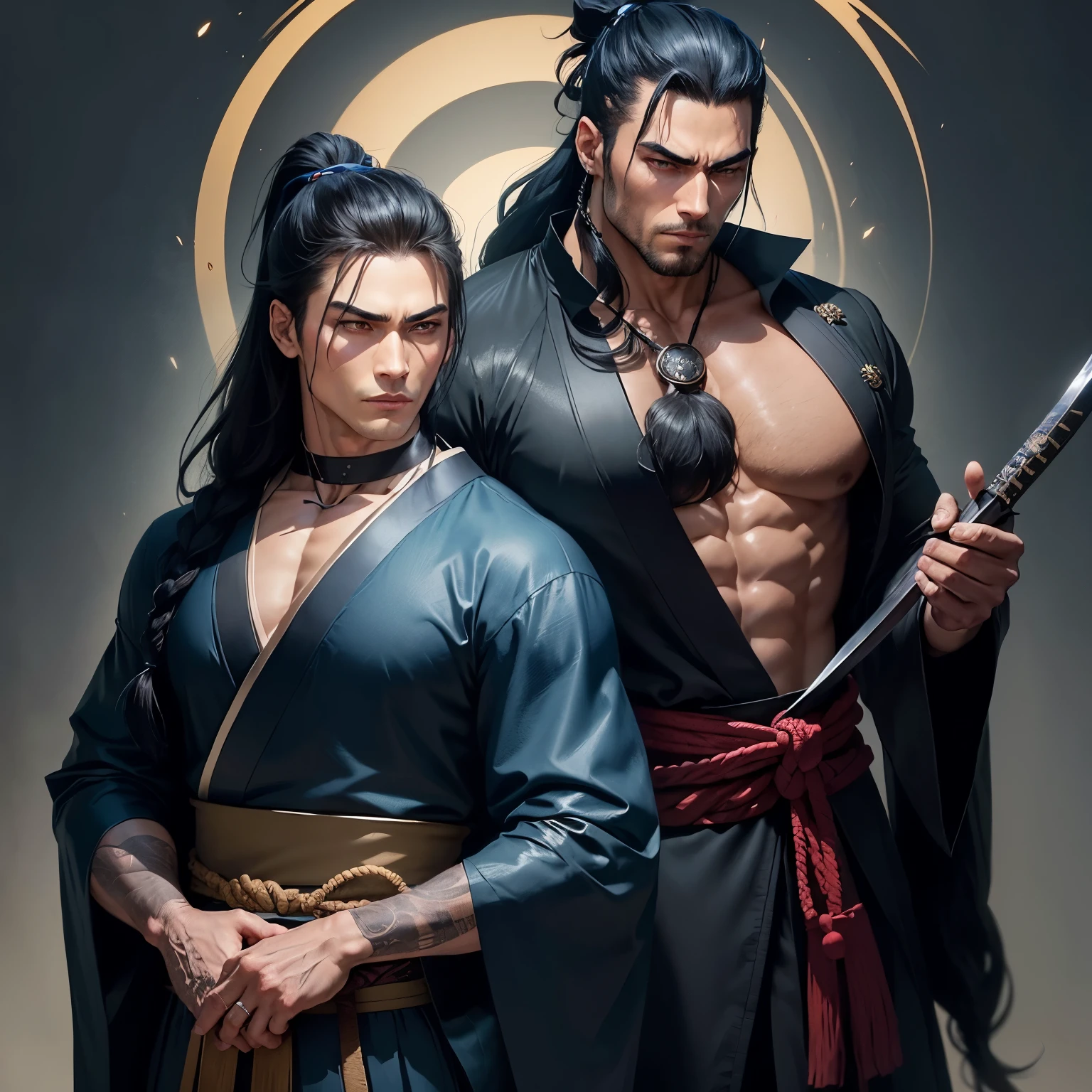 1male, surprisingly handsome and powerful with a muscular build-up, his long black hair pulled back into an elegant and voluminous ponytail, eyes of two piercing dark glowing, dressed in Japanese clothes, Japanese wanderer, clothes in blue, cloth around his neck in blue partially covering his face, comkatana, yasuo, lege the legends.
