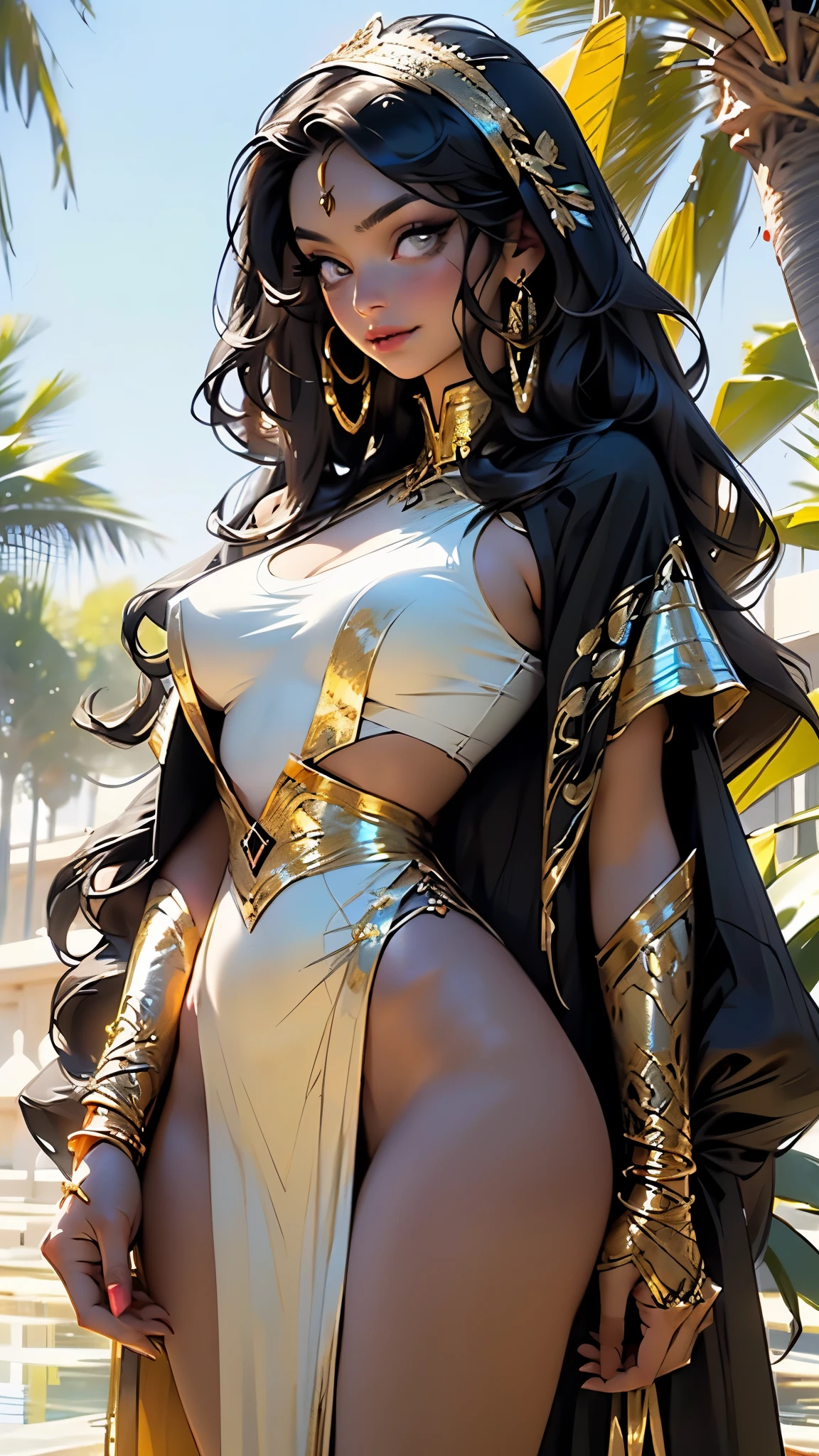 woman from ancient Egypt,1female,((milf,mom,mature,mature woman,45 years old female,adult)),

(large breasts:1.5),saggy breasts,(((black hair:1.4,straight hair,((long hair:1.5)),colored inner hair))),(((gold_eyes:1.3))),intricate eyes,beautiful detailed eyes,symmetrical eyes,((((dark skin:1.4,lustrous skin:1.5,bright skin: 1.5,skin tanned,shiny skin,very shiny skin,shiny body)))),(spider lower abdomen,narrow waist,wide hip,bimbo body,inflated legs,thick thighs),(((detailed face))),beautiful detailed lips,

(cute,slutty,sensual,seductive look,seductive,((erotic)),opulent,sumptuous,(((nsfw)))),

revealing clothing,show skin,(silk cloak),((sideboob)),((huge cleavage)),(barefoot,),princess,goddess,beautiful white cloak: 1.3,fantasy,((white silk:1.3)),(sideboob),((eyeshadow,egyptian makeup,eyelid makeup,gold lips,gold lipstick)),(((simple golden crown))),(((Transparent cloth,wet clothes,intricate outfit,embroidered outfit,ornate outfit,intricate clothes,embroidered clothes,ornate clothes))),

dynamic and seductive pose,looking at viewer,(smirk,beautiful smile),centered,scale to fit dimensions,Rule of thirds,

outdoors,pillars,((pillars background,egyptian palace,egyptian palace background,pyramids in the background)),scenery,extremely scenery,(puddles everywhere,moss,moss on the background), Egypt style,Egypt castle,lily pads,palms,(sunset, golden hour),

(Glossy Egyptian ornaments),highres,sharp focus,(ultra detailed,extremely detailed),(photorealistic artwork:1.37),(extremely detailed CG unity 8k wallpaper),(((vibrant colors,vibrant theme))),(intricate),(masterpiece),(best quality),artistic photography,(photography taken by sldr),(intricate background),perfect rendered face,perfect face details,realistic face,photo realistic,((intricate detail)),(((realism))),
