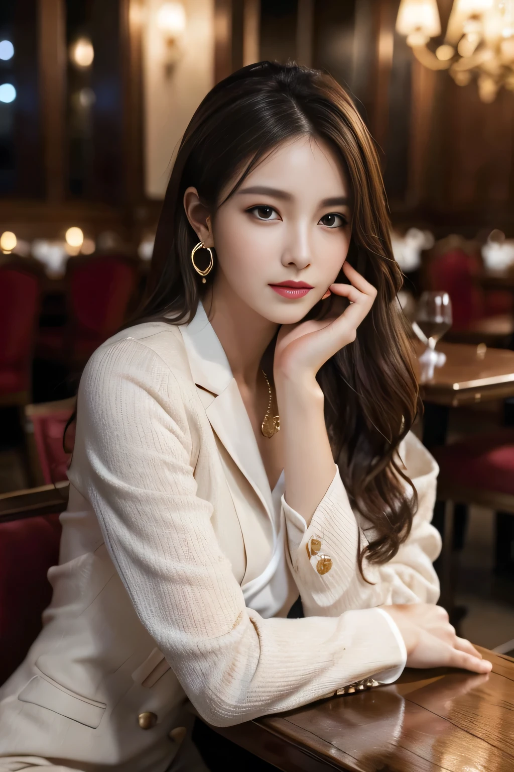 masterpiece, Highest quality, Realistic, Very detailed, Finer details, High resolution, 8k wallpaper, One beautiful woman, Wear a nice suit, In a great restaurant, At night, Light brown messy hair, Perfect dynamic composition, Beautiful and beautiful eyes、Big earrings、Sit on a chair、