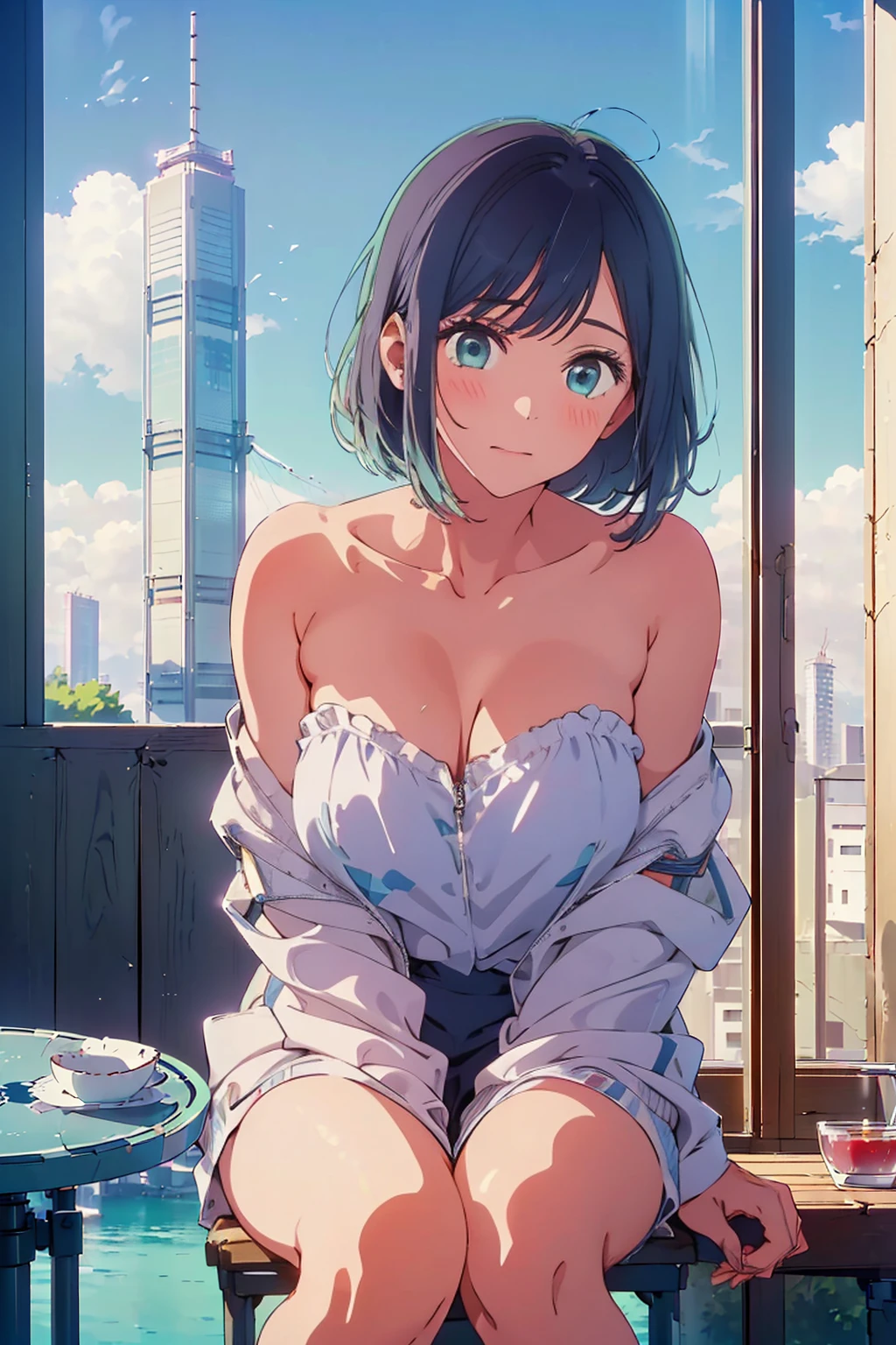 (Highest quality:1.4、8K:1.4、detailed)、F cup bust、Big Breasts、Slim body、Very white beautiful skin、((((1 person、Surprised expression、sit、Chair、In the background are the urban buildings of Tokyo、looking at the camera、Outdoor café terrace、Navy hair color、juice、Shooting up close、Shooting from an angle、table、Very cute face))))、((((nude、Areola))))、(Pose with hands tucked behind ears:1.4、Cheek resting on hand:1.4)、(Off-the-shoulder zip-up jacket)、Very blue sky、A completely cloudless sky