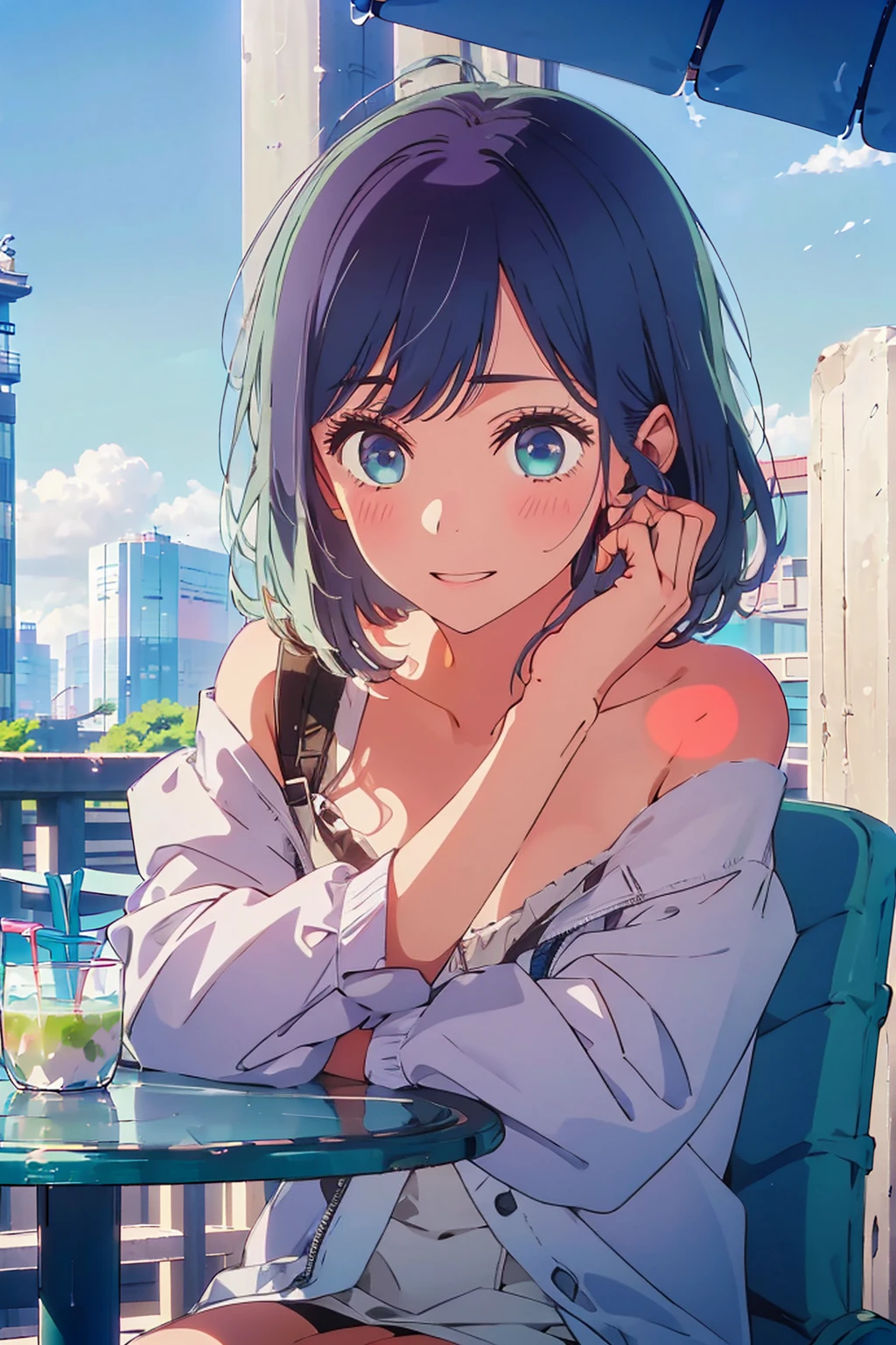 (Highest quality:1.4、8K:1.4、detailed)、F cup bust、Big Breasts、Slim body、Very white beautiful skin、((((1 person、Surprised expression、sit、Chair、In the background are the urban buildings of Tokyo、looking at the camera、Outdoor café terrace、Navy hair color、juice、Shooting up close、Shooting from an angle、table、Very cute face))))、((((nude、Areola))))、(Pose with hands tucked behind ears:1.4、Cheek resting on hand:1.4)、(Off-the-shoulder zip-up jacket)、Very blue sky、A completely cloudless sky
