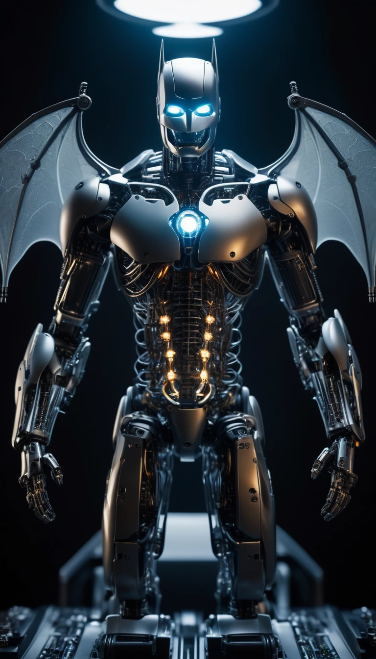Translucent movie stills (Cybernetic robotic bat:1.5), (Glowing Veins:1.3) (The cable enters the body, circuit:1.3), Very detailed, Vignette, Very detailed, High budget, Bokeh, Sulky, amazing, nice, Film Grain, granular