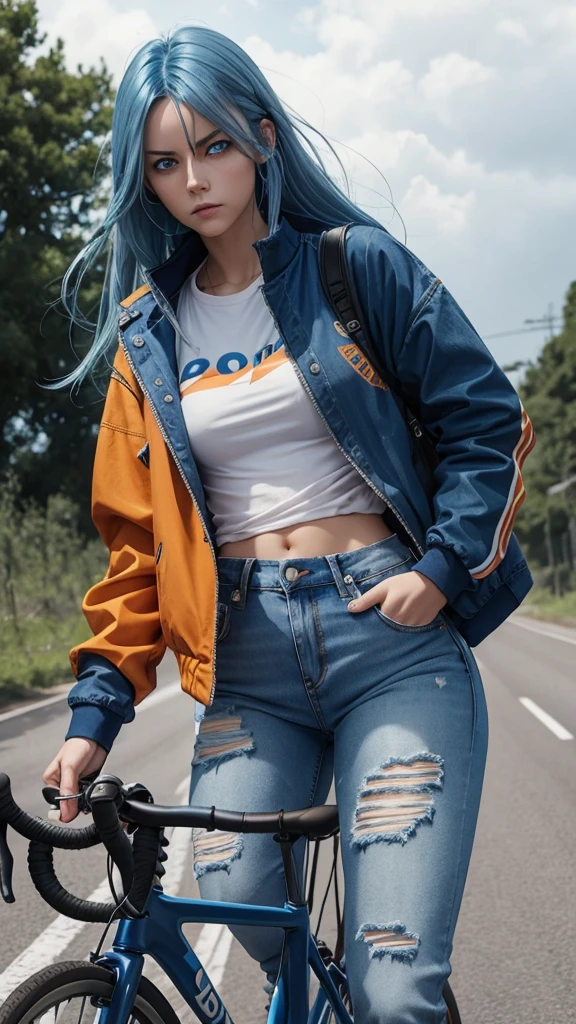 Blue-haired girl, orange jacket, white crops, and jeans, looking angry, blue eyes, one eye couldn't be seen because of hair, riding a road bicycle