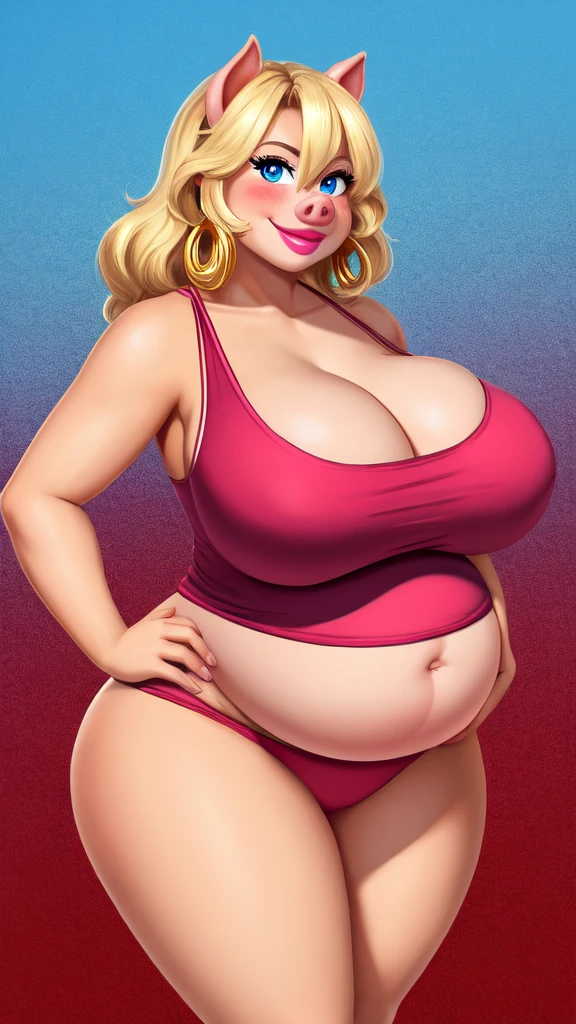 Blonde pig woman, wearing a red tank top, perfect face, blue eyes, big breasts, cleavage, big belly, three-quarter view, solo, smile, perfect detailed body, pink lipstick, gold earring, hand on hips, blushing