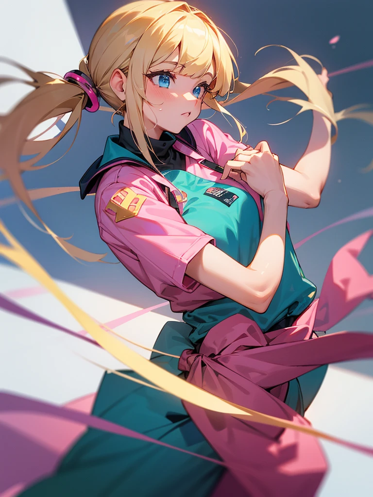 2 girls, one with two pigtails falling over her shoulders with pink rubber bands, blond hair, blue eyes, wearing a pink jumpsuit dress, with other girl, blak hair, straight hair bangs, waist-length hair, wearing a green dress, holding hands