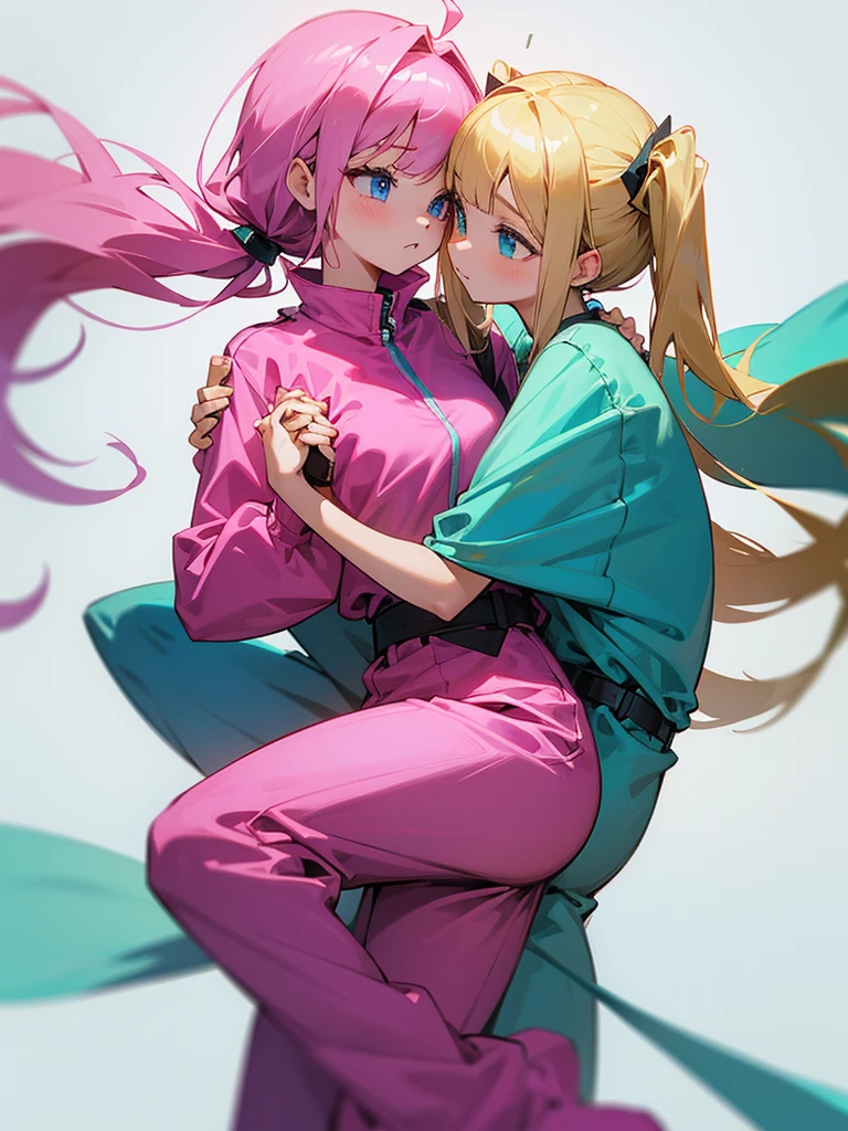 2 girls, one with two pigtails falling over her shoulders with pink rubber bands, blond hair, blue eyes, wearing a pink jumpsuit dress, with other girl, blak hair, straight hair bangs, waist-length hair, wearing a green dress, holding hands