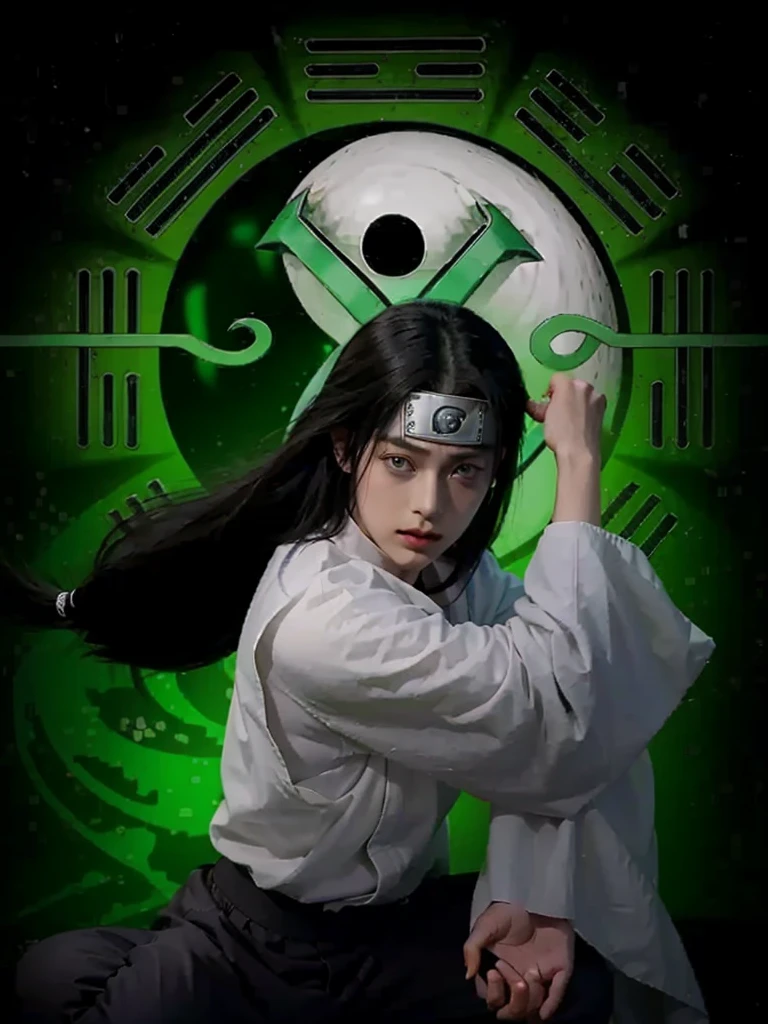 1 male, Neji Hyuga in Naruto Shippuden, Long Hair , Black Hair, White light eyes, good looking, White clothes, Realistic clothes, Clothing Details, Forest Background, Super detailed, Realistic