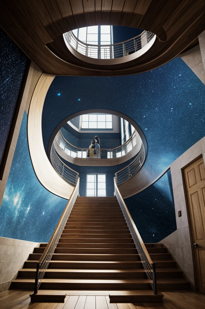 A straight staircase towards a goal in the middle of a labyrinth of stairs, Some leave directly from the center but deviate towards others that lead away from the goal. Others do the same but in the end the same staircase returns pointing to the goal., Someone in the middle of this central staircase climbing up carrying a transparent container-shaped backpack and inside it there is an entire galactic nebula. That someone&#39;s posture is secure with their head held high, one fist clenched with determination and in the other a bottle of water. 3/4 full, On the side of the backpack you can see a rolled up map, under some stairs you can see stars, under other rays and gusts, other flames, some more storms and others nothing