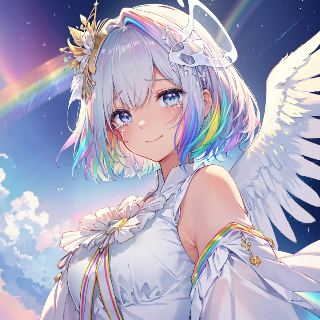 (((Extreme close-up　tears　smile　Low - Angle　Dove of peace　Angel Halo)))　((Veil　輝くtears　Rainbow Hair　Rainbow Eyes　Short Hair　Receiving the light　Rainbow light　Aurora))　(Shining Edge　　Pillar of Light)