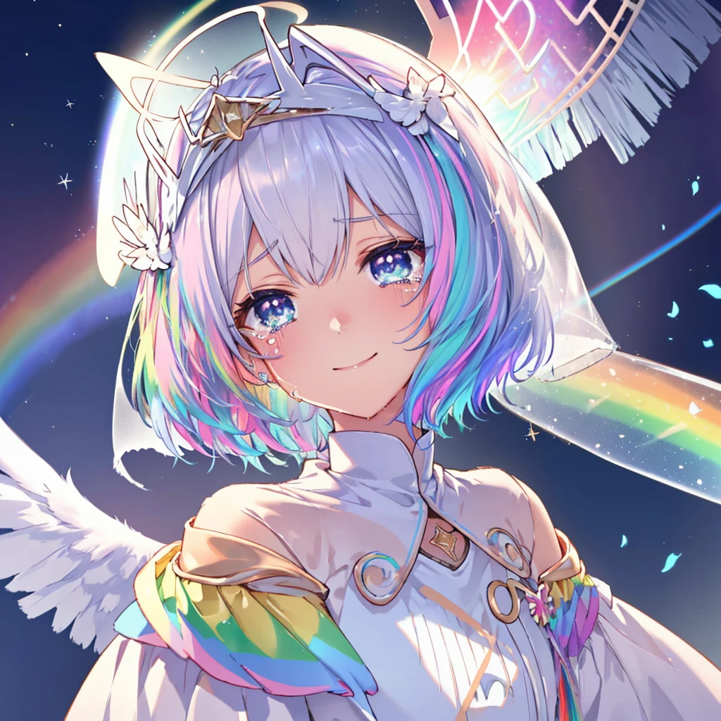 (((Extreme close-up　tears　smile　Low - Angle　Dove of peace　Angel Halo)))　((Veil　輝くtears　Rainbow Hair　Rainbow Eyes　Short Hair　Receiving the light　Rainbow light　Aurora))　(Shining Edge　　Pillar of Light)