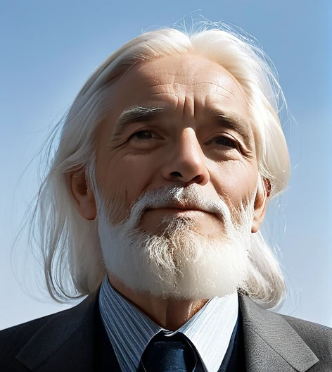 An old man with white hair and a white beard looking at the sky