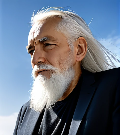 An old man with white hair and a white beard looking at the sky