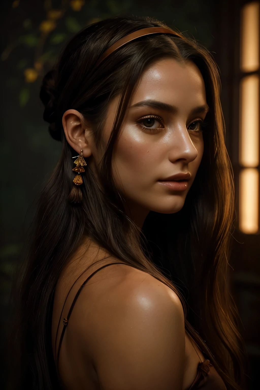 finely detailed, quality, (masterpiece:1.2) , (photorealistic:1.2)  , (detailed skin:1.4) , (intricate details) , ray tracing, dramatic, 1 girl portrait, (Best Quality, raw),solo woman, ((long dark amber hair pulled back with hairband)), dreamy cumulus land, extraordinary, LONG HAIR, flowing evening, she's giant dark embraces, hidden, floating, air molecules are alive, the background hand-painted MURAL biological, painted background, (hand tinted amber), as she makes her way, no makeup, natural, ethereal lovely, dark shadows and DEEP colors,night, messy hair, film grain, retro, Porta 160 color, shot on ARRI ALEXA 65, long depth of field, raw