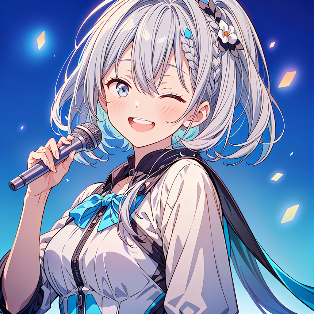 1girl,(((Highest quality、Masterpiece、Official Art、The best dynamic composition、HD、Super detailed)))、(((Gray and blue gradation hair)))、  concept art, Smiling with the best smile、Smiling with eyes closed、looks happy、Singing a song、Upper Body、Singing with a microphone、