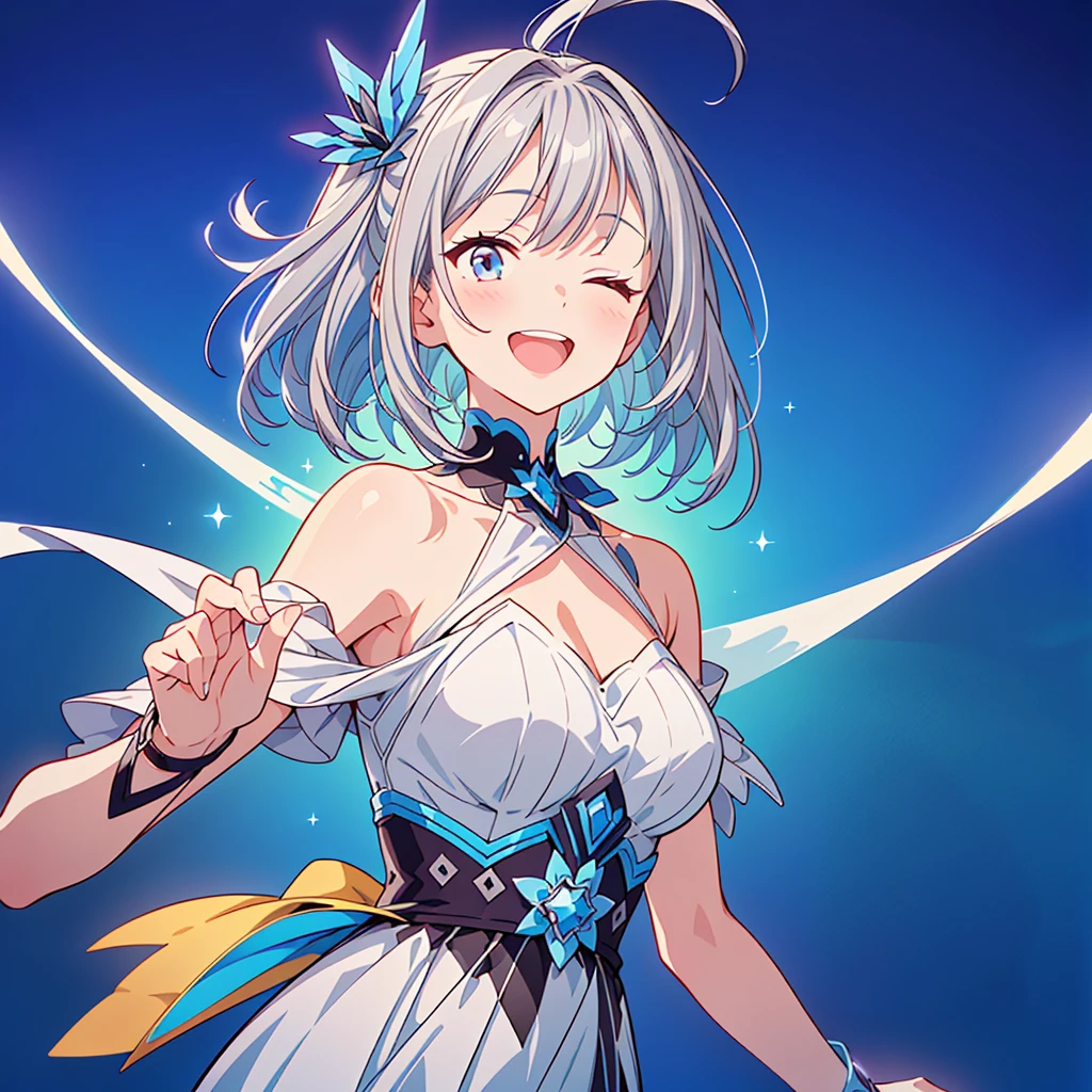 1girl,(((Highest quality、Masterpiece、Official Art、The best dynamic composition、HD、Super detailed)))、(((Gray and blue gradation hair)))、 concept art, Smiling with the best smile、Smiling with eyes closed、looks happy、Singing a song、Upper Body、Singing with a microphone、