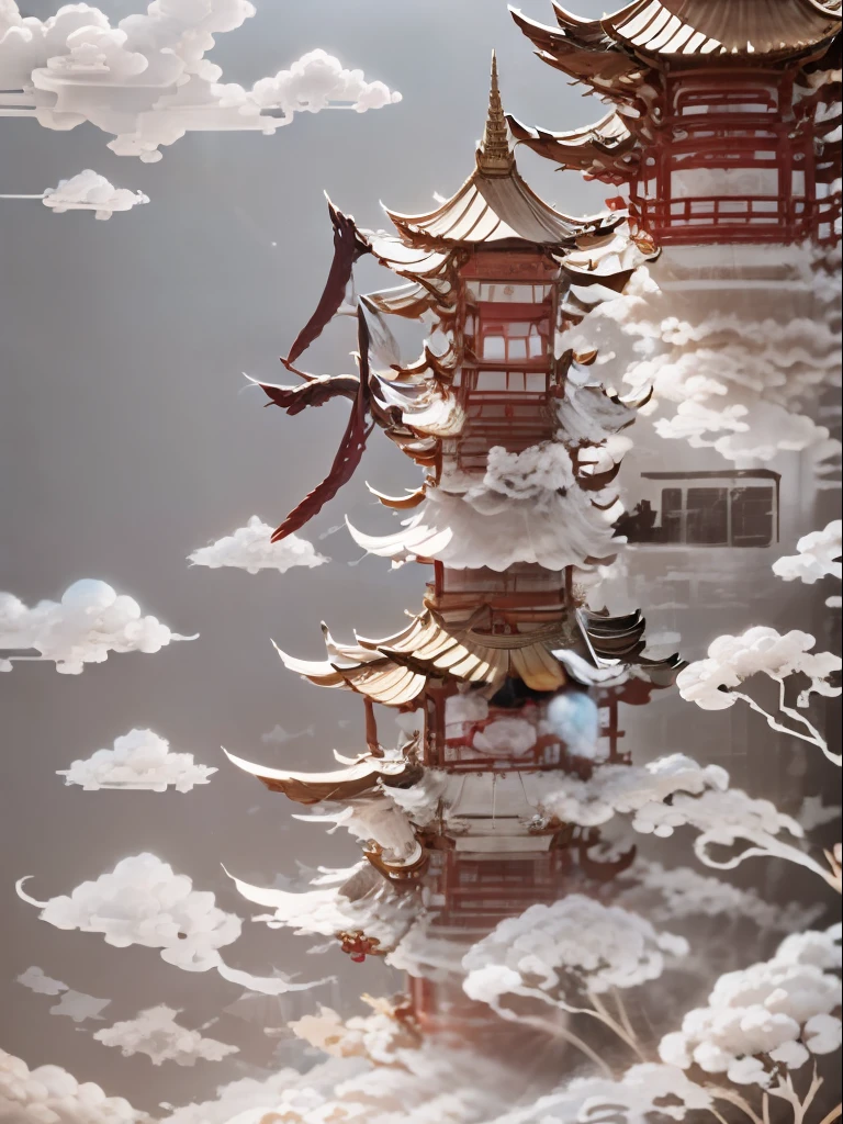There is a bird sitting on a table in the sky, Chinese surrealism, Chinese Fantasy, Feiyun Castle, Lying on the throne in a fantasy land, tall golden heavenly gates, Surrealist Concept Art, Pagoda Figures, feng zhu |, Cloud Palace, Inspired by Brian Despain, author:Qu Leilei, author:Julian