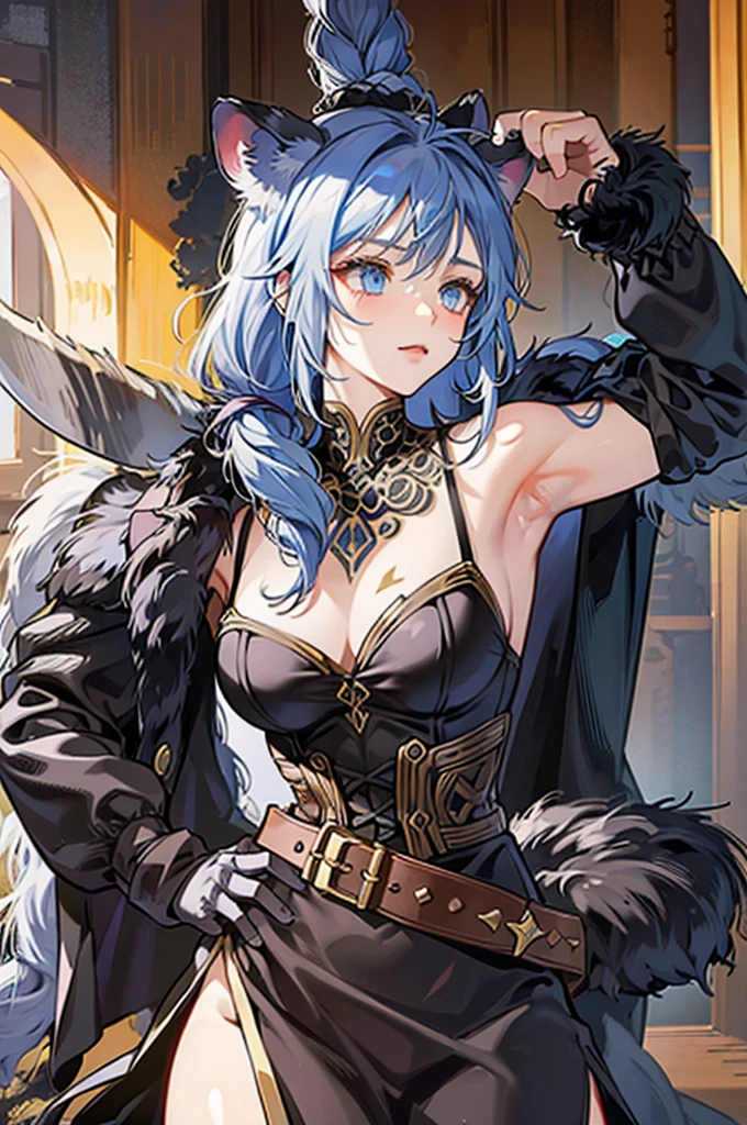 Smilodon companion fur armor barbarian sword in hand wild woman tribal tattoed long dreadlock hair muscular