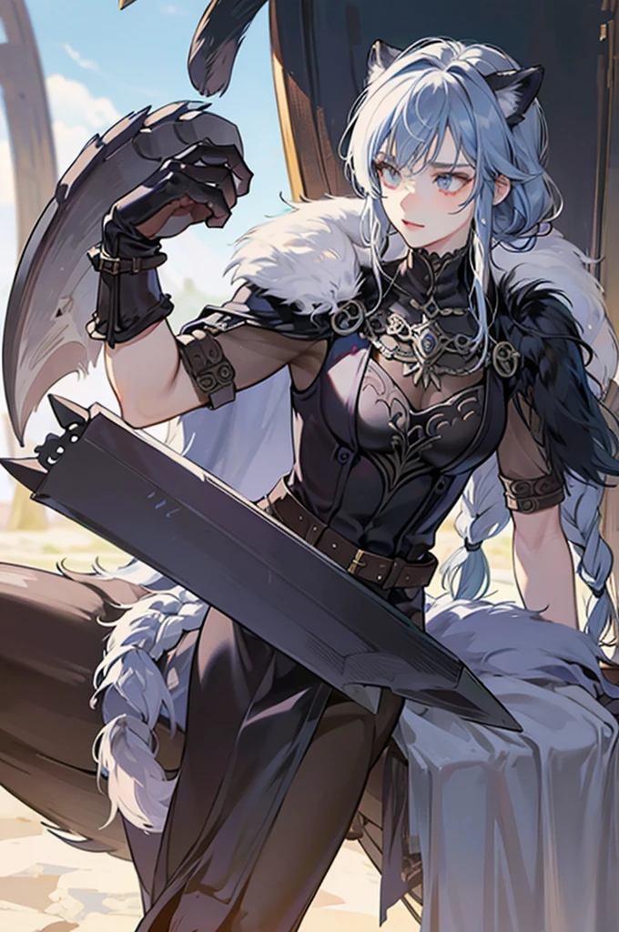 Smilodon companion fur armor barbarian sword in hand wild woman tribal tattoed long dreadlock hair muscular