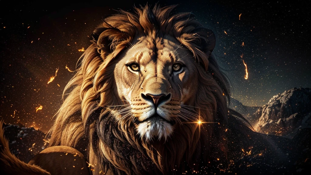 Lion, Divine Lion, Detailed Realistic Lion 16K, Golden Lion, Strong Lion, 16K detalhado realista, Luz solar realista 8K, Detailed realistic solar energy, Detailed realistic natural light, Solar Power Screws, ULTRAHD Photorealism, Ultra Realistic Detailed Colors, Texturas Detalhadas photorrealistics 16K, Contraste Natural 8K, Ultra Detalhado 8K, Nitidez 8K photorrealistic, golden light, black and gold, naturey, Linda, Rendering, photorrealistic, UltraHigh definition, 4K, detailed textures, thunder, detailed shadows, detailed colors, sunset, Sunset, SUNSET, naturey Linda, Great Divine, sunset, detailed contrast, realistic contrast, high resolution, detailed colors, fire, villany, divine creature, 8K Realista Detalhado, 16K, 8K, High definition, detailed contrast, realistic contrast, high resolution, detailed colors, fire, villany, divine creature, 8K, realistic detailed, chic,