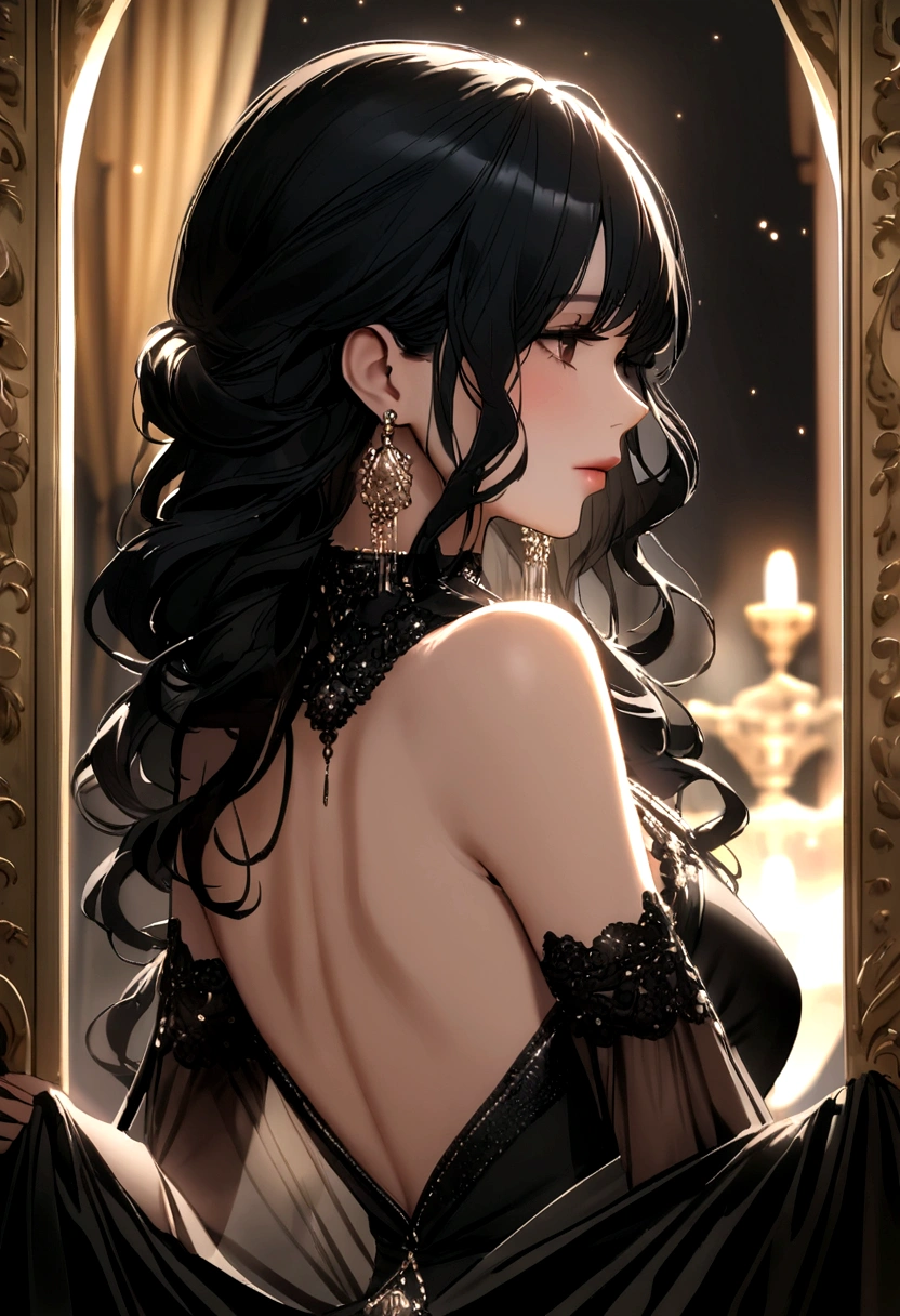 her black hair, Luxurious, wavy, It falls gracefully over your shoulders and flows softly around your face.., framing it with a touch of glamor.