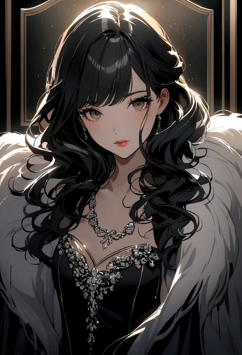 her black hair, Luxurious, wavy, It falls gracefully over your shoulders and flows softly around your face.., framing it with a touch of glamor.