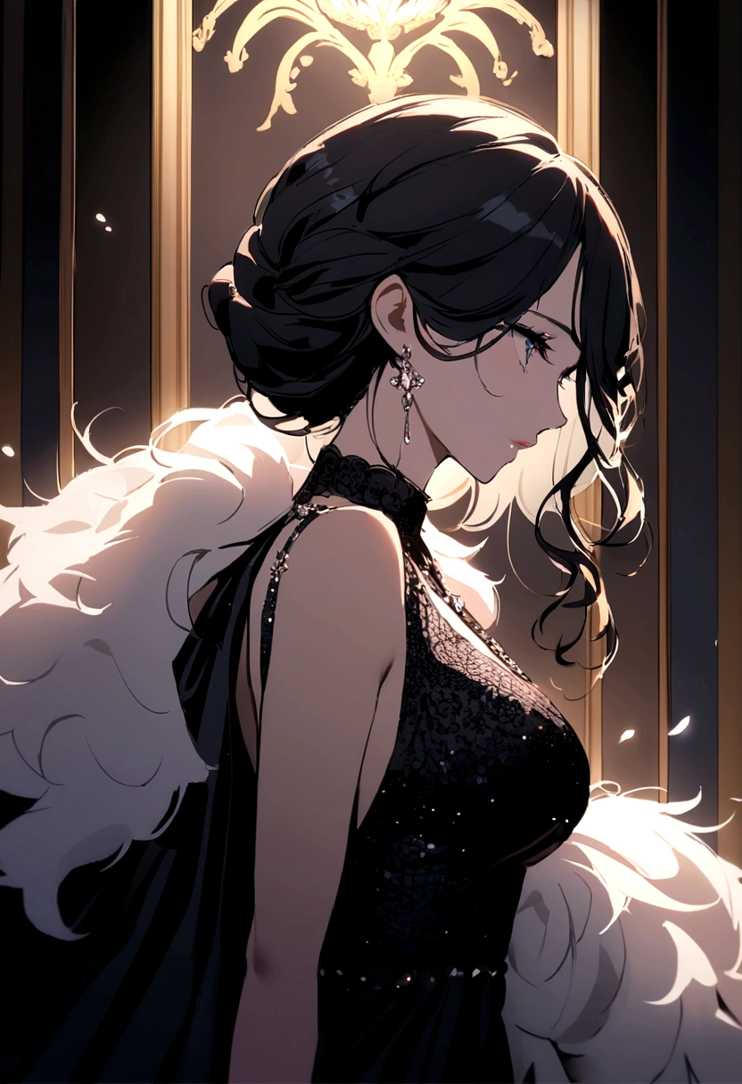 her black hair, Luxurious, wavy, It falls gracefully over your shoulders and flows softly around your face.., framing it with a touch of glamor.