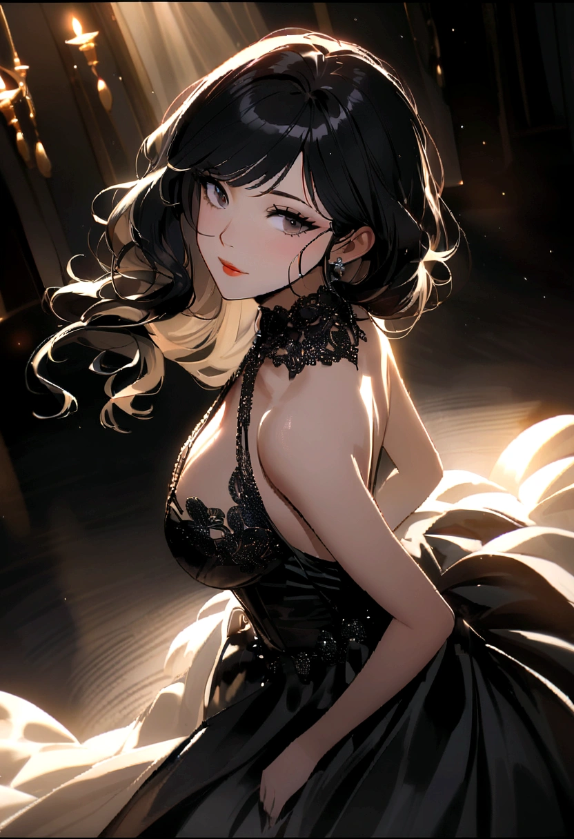 her black hair, Luxurious, wavy, It falls gracefully over your shoulders and flows softly around your face.., framing it with a touch of glamor.
