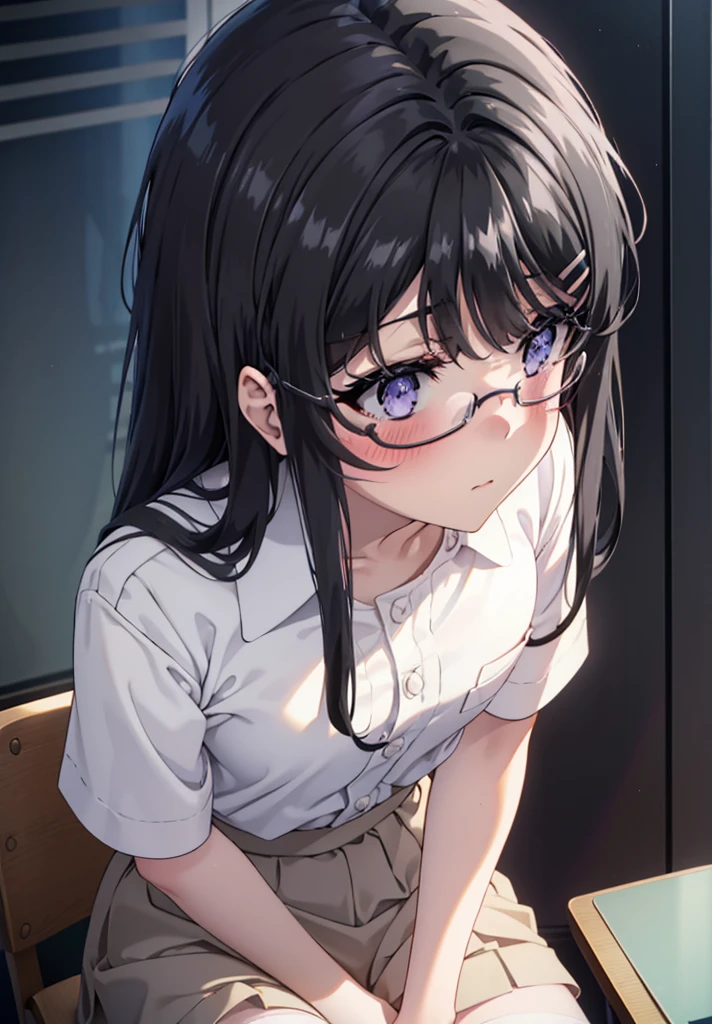 maisakurajima, mai sakurajima, Long Hair, bangs, (Black Hair:1.5), hair ornaments, (Purple eyes:1.1), Hair Clip, rabbit hair ornaments,blush,Embarrassing,Glasses,
Looking up at the audience, White stockings and garter belt, Exposed Skin, nurse's uniform, Wear a stethoscope around your neck, Retaining the exam file, Examination room、Sitting in a chair,whole bodyがイラストに入るように,
break indoors, Examination room,
break looking at viewer, whole body,
break (masterpiece:1.2), Highest quality, High resolution, unity 8k wallpaper, (figure:0.8), (Beautiful attention to detail:1.6), Highly detailed face, Perfect lighting, Highly detailed CG, (Perfect hands, Perfect Anatomy),