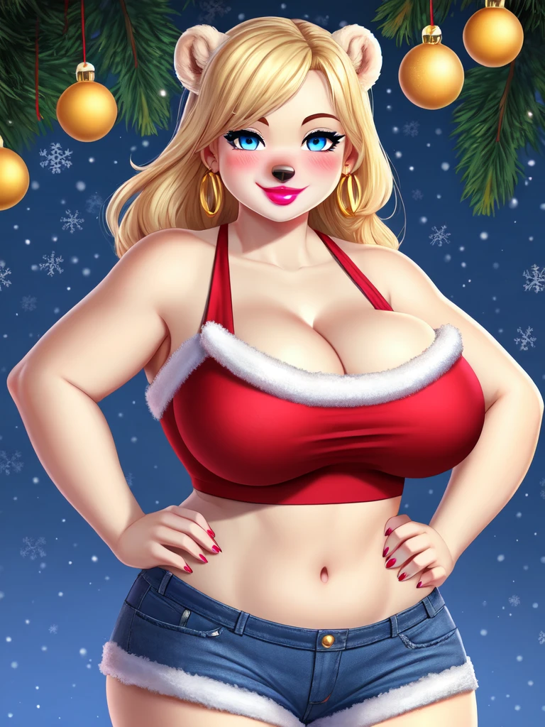 Blonde polar bear woman, wearing a Christmas crop top and jean shorts, perfect face, blue eyes, big breasts, cleavage, three-quarter view, solo, smile, perfect detailed body, pink lipstick, gold earring, hand on hips, blushing