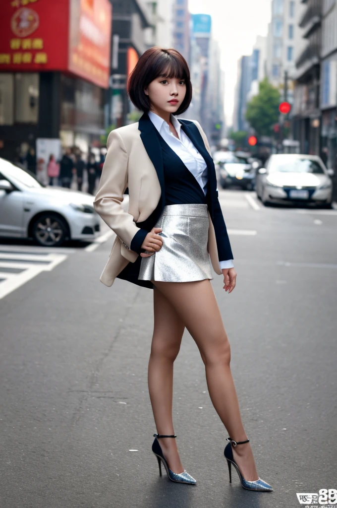 a 20 year old face of the most beautiful actress in the world, the perfect body proportions of a female, tight blazer is worn with formal shirt on female upper body, panties of female crotch between bare legs under short skirt are seen just a little, the short hair cut for a female, standing, at the city street, nsfw, best quality, highly detailed, masterpiece, ultra high res, photo realistic, 8k