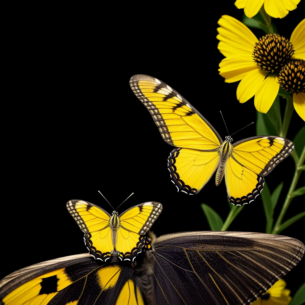 a yellow butterfly with black spots, wings open professional portrait photography