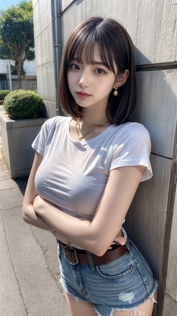 masterpiece, best quality, illustration, Super detailed, fine details, High resolution, 8K,wall paper, perfect dynamic composition, full body photo, leaning forward, crossed arms, (Details High quality, realistic depiction of eyes:1.3), 20 year old girl, Gravure Idol, cute type, large breasts, short bob hair, black hair color, Korean style makeup, Big Natural Color Lip, thick thighs, perfect body shape, plump figure, White T-shirt with low exposure, denim short pants, Leather belt, necklace, earrings