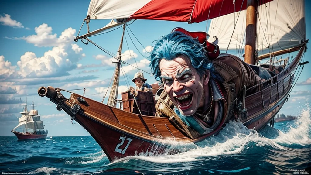 masterpiece, best quality, extremely detailed, hyperrealistic:1.1, photorealistic, a cool 40s man, ultra detailed face:1.2, red nose:1.3, long blue hair, red and white pirate hat, on detailed yacht, sea, kicking, dynamic pose, laughing