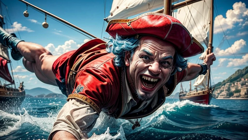 masterpiece, best quality, extremely detailed, hyperrealistic:1.1, photorealistic, a cool 40s man, ultra detailed face:1.2, red nose:1.3, long blue hair, red and white pirate hat, on detailed yacht, sea, kicking, dynamic pose, laughing