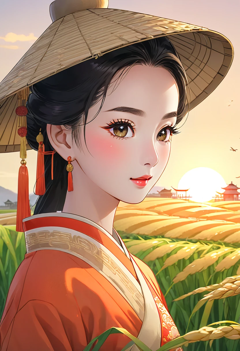 A beautiful sunrise over rice fields in China, Chinese farmers harvesting rice, beautiful detailed eyes, beautiful detailed lips, extremely detailed eyes and face, long eyelashes, traditional Chinese clothing, serene rural landscape, golden hour lighting, warm color tones, soft focus, photorealistic, 8k, high resolution, masterpiece, ultra-detailed, professional photography, vibrant colors, natural lighting, cinematic composition