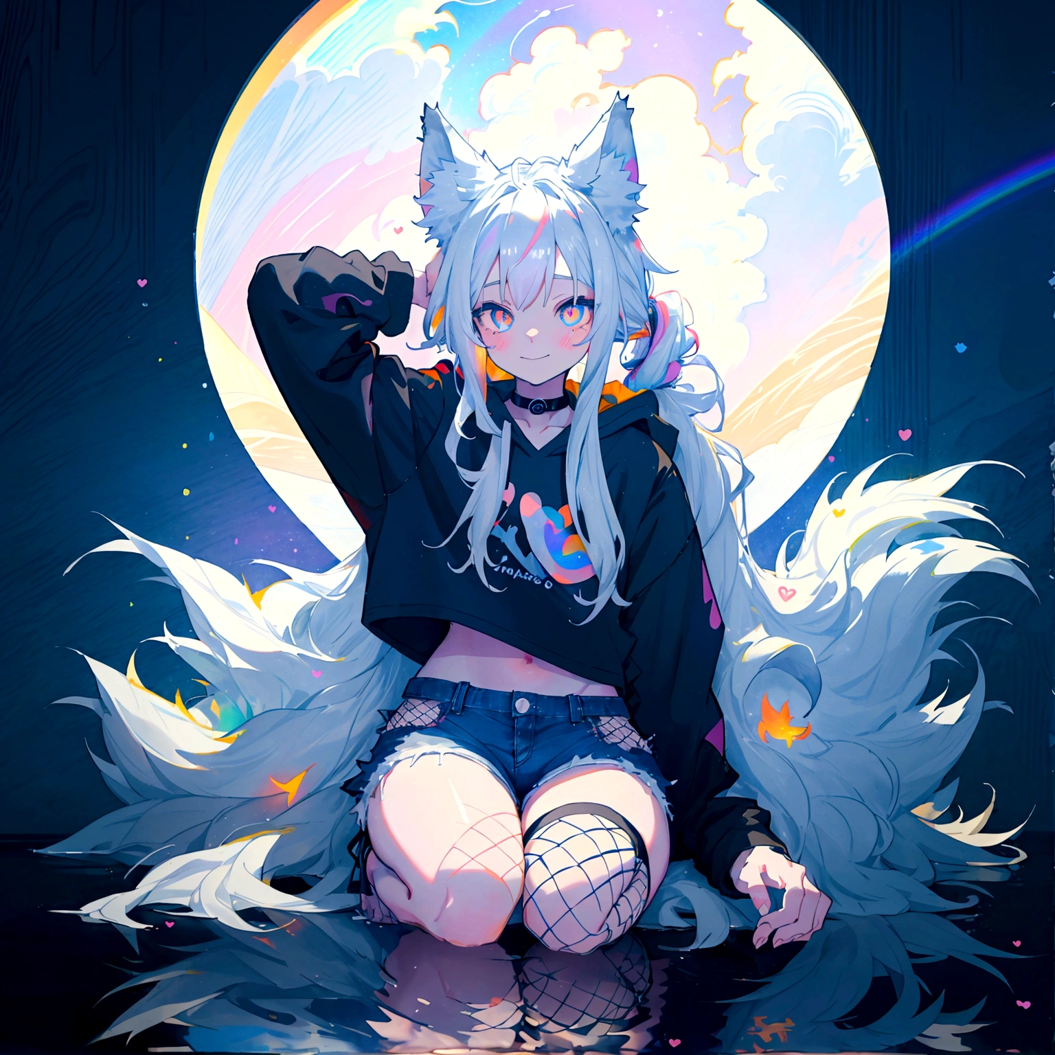 a cute adult male with wolf ears, long white hair, long locks, has a wolf tail, wearing a loose cropped black hoodie, wearing a pair of denim short shorts and fishnet stockings, thick thighs, wide hips, relaxing on mound of fluffy multi colored kawaii plushies, short, very slim, showing slender tummy, heart on hoodie, squishy thighs, has glowing blue eyes. alone, solo (ALONE)(SOLO), surrounded by rainbows, colorful galaxy backround, smiling, stretching out, water reflection