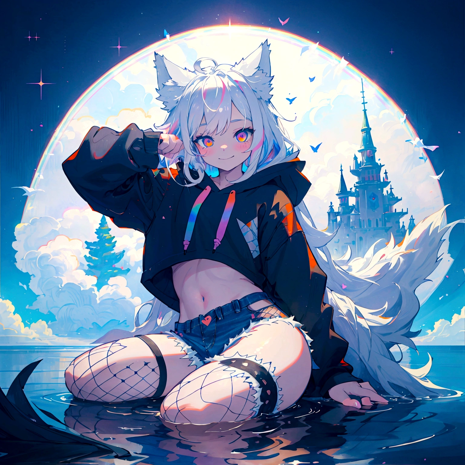 a cute adult male with wolf ears, long white hair, long locks, has a wolf tail, wearing a loose cropped black hoodie, wearing a pair of denim short shorts and fishnet stockings, thick thighs, wide hips, relaxing on mound of fluffy multi colored kawaii plushies, short, very slim, showing slender tummy, heart on hoodie, squishy thighs, has glowing blue eyes. alone, solo (ALONE)(SOLO), surrounded by rainbows, colorful galaxy backround, smiling, stretching out, water reflection