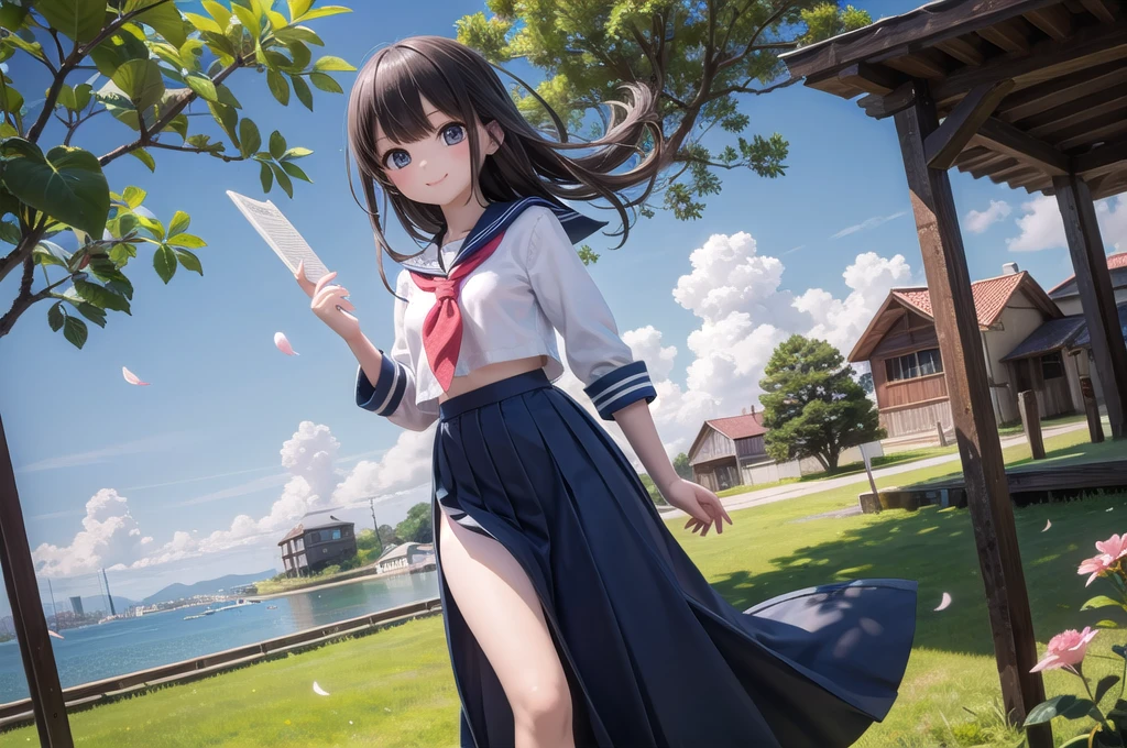 (masterpiece),  town,  blue sky,  One Girl,  smile,  alone,  Sailor suit、Long skirt,  Overgrown,  petal,  plant、Skirt lining、Translucent slip、Nostalgic