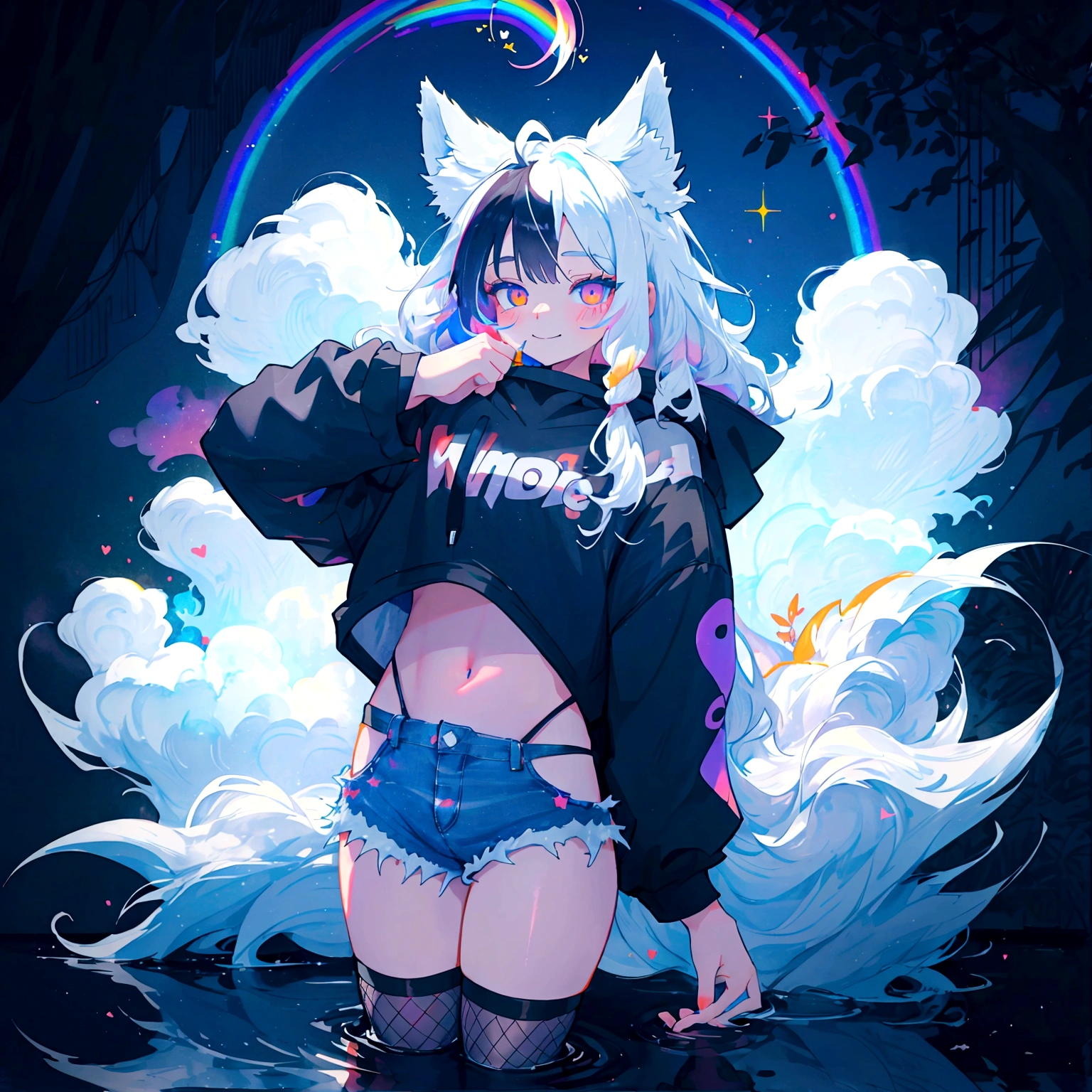 a cute adult male with wolf ears, long white hair, long locks, has a wolf tail, wearing a loose cropped black hoodie, wearing a pair of denim short shorts and fishnet stockings, thick thighs, wide hips, relaxing on mound of fluffy multi colored kawaii plushies, short, very slim, showing slender tummy, heart on hoodie, squishy thighs, has glowing blue eyes. alone, solo (ALONE)(SOLO), surrounded by rainbows, colorful galaxy backround, smiling, stretching out, water reflection
