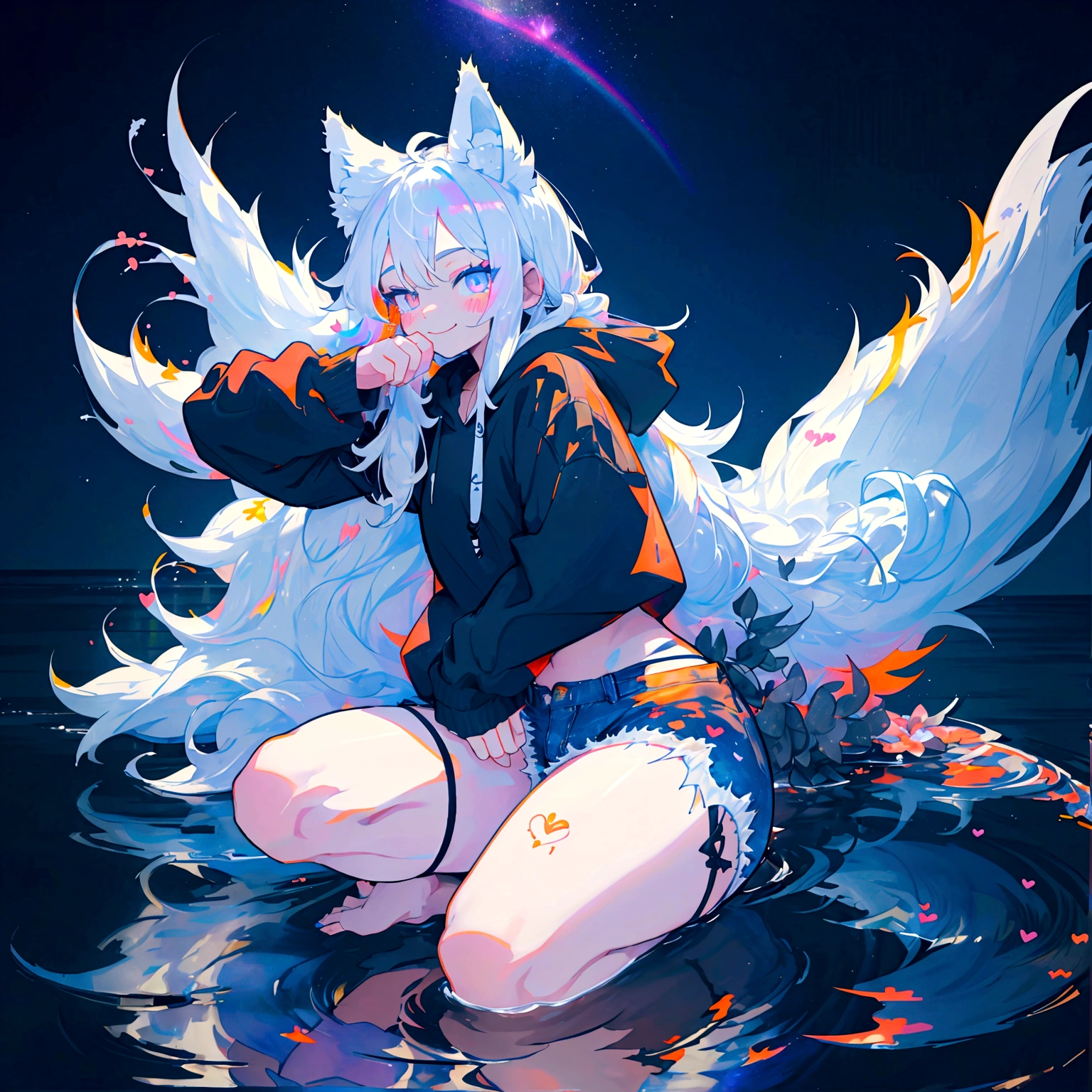 a cute adult male with wolf ears, long white hair, long locks, has a wolf tail, wearing a loose cropped black hoodie, wearing a pair of denim short shorts and fishnet stockings, thick thighs, wide hips, relaxing on mound of fluffy multi colored kawaii plushies, short, very slim, showing slender tummy, heart on hoodie, squishy thighs, has glowing blue eyes. alone, solo (ALONE)(SOLO), surrounded by rainbows, colorful galaxy backround, smiling, stretching out, water reflection