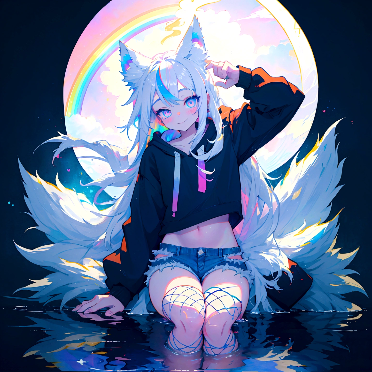 a cute adult male with wolf ears, long white hair, long locks, has a wolf tail, wearing a loose cropped black hoodie, wearing a pair of denim short shorts and fishnet stockings, thick thighs, wide hips, relaxing on mound of fluffy multi colored kawaii plushies, short, very slim, showing slender tummy, heart on hoodie, squishy thighs, has glowing blue eyes. alone, solo (ALONE)(SOLO), surrounded by rainbows, colorful galaxy backround, smiling, stretching out, water reflection