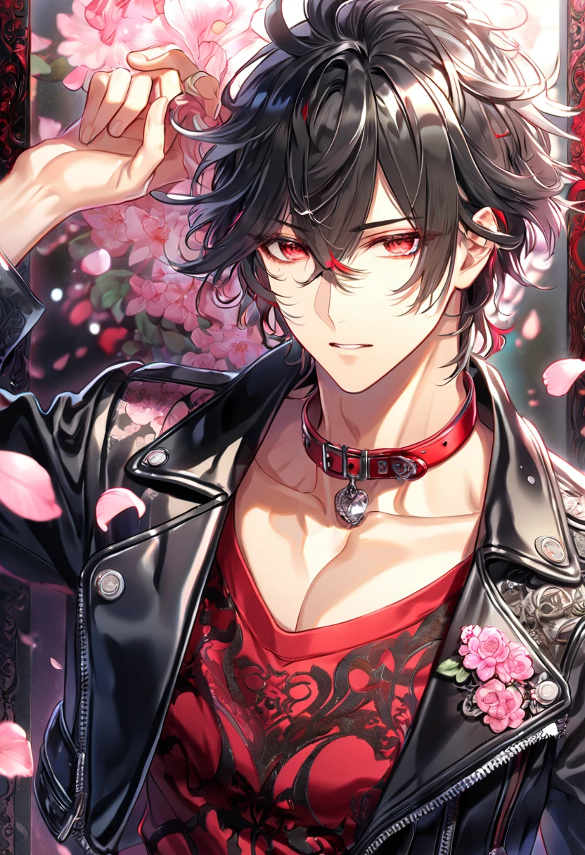 absurdres, highres, ultra detailed, HDR, master piece, best quality, Shin, expressive red eyes, messy hair, black hair, red streaks, Amnesia Memories, solo, sexy man, handsome, cropped black leather jacket, red shirt with black patterns, red collar, fantasy, shining, pink flowers, pink blossoms, pink butterflies, pink petals