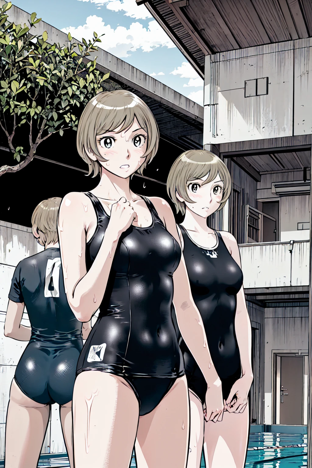 Blonde, (short hair:1.2)、((Illustration of a person))、Big Breasts、
View your viewers,, (Highest quality:1.3),blue eye star piece、Highest quality)、Highest quality, Ultra-high resolution, (((masterpiece))), alone, Sweat、Big eyes、Big Breasts、One Girl, Front view、Embarrassed face、Bronze colored hair、((short hair))、One Girl, alone, blush, Big Breasts,
Bare arms, Wet, Pool, 青いSchool Swimsuit, Thighs, Place your arms at your sides, Bare arms, Cowboy Shot, Are standing, School Swimsuit,bite、High Leg、mansuji