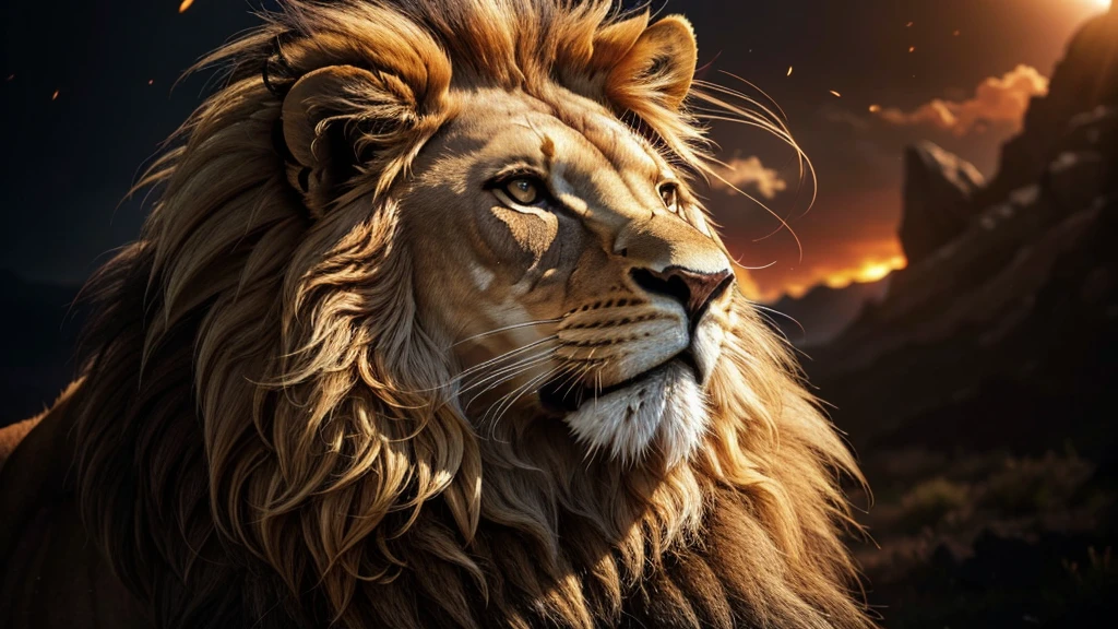 Lion, Divine Lion, Detailed Realistic Lion 16K, Golden Lion, Strong Lion, 16K detalhado realista, Luz solar realista 8K, Detailed realistic solar energy, Detailed realistic natural light, Solar Power Screws, ULTRAHD Photorealism, Ultra Realistic Detailed Colors, Texturas Detalhadas photorrealistics 16K, Contraste Natural 8K, Ultra Detalhado 8K, Nitidez 8K photorrealistic, golden light, black and gold, naturey, Linda, Rendering, photorrealistic, UltraHigh definition, 4K, detailed textures, thunder, detailed shadows, detailed colors, sunset, Sunset, SUNSET, naturey Linda, Great Divine, sunset, detailed contrast, realistic contrast, high resolution, detailed colors, fire, villany, divine creature, 8K Realista Detalhado, 16K, 8K, High definition, detailed contrast, realistic contrast, high resolution, detailed colors, fire, villany, divine creature, 8K, realistic detailed, chic,