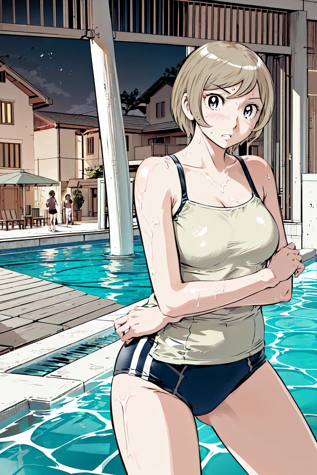 Blonde, (short hair:1.2)、((Illustration of a person))、Big Breasts、
View your viewers,, (Highest quality:1.3),blue eye star piece、Highest quality)、Highest quality, Ultra-high resolution, (((masterpiece))), alone, Sweat、Big eyes、Big Breasts、One Girl, Front view、Embarrassed face、Bronze colored hair、((short hair))、One Girl, alone, blush, Big Breasts,
Bare arms, Wet, Pool, 青いSchool Swimsuit, Thighs, Place your arms at your sides, Bare arms, Cowboy Shot, Are standing, School Swimsuit,bite、High Leg、mansuji、Boobs exposed、Nipples、Shoulder straps fall、One side off-shoulder、Breast Exposure、Happenings