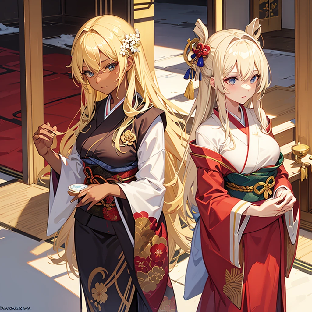 Blonde hair, golden eyes, dark Skinned beautiful, busty, woman wearing a Kimono.